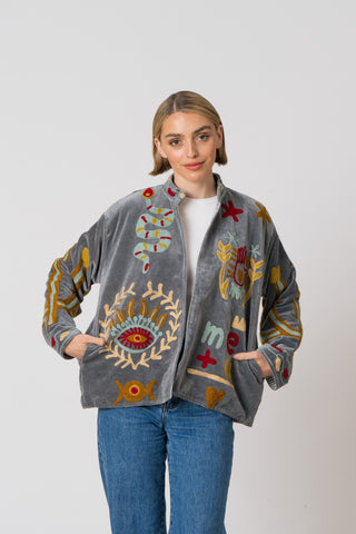 Embroidered Velvet Jacket - Grey Snake