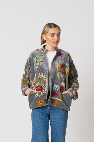 Embroidered Velvet Jacket - Grey Snake