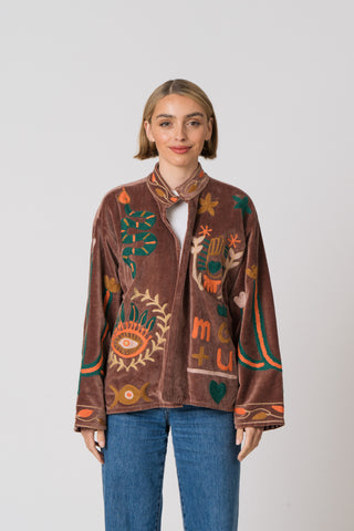 Embroidered Velvet Jacket - Light Brown Snake