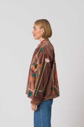 Embroidered Velvet Jacket - Light Brown Snake