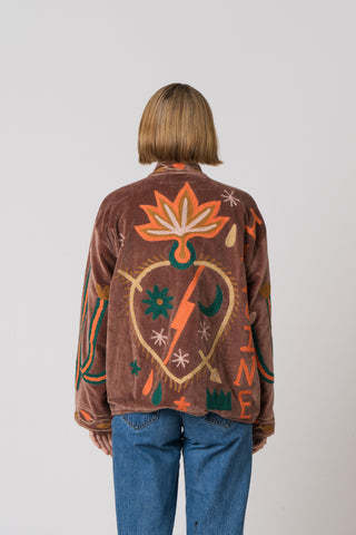 Embroidered Velvet Jacket - Light Brown Snake