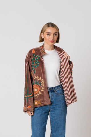 Embroidered Velvet Jacket - Light Brown Snake