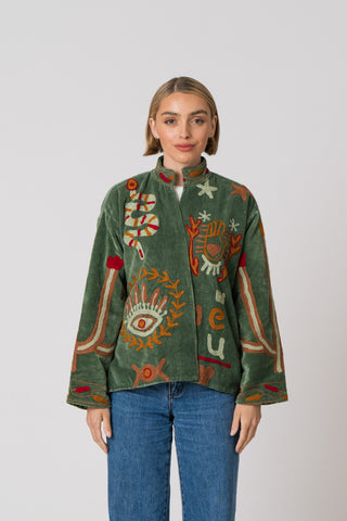 Embroidered Velvet Jacket -Green Snake