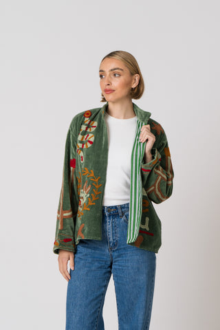 Embroidered Velvet Jacket -Green Snake