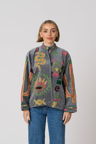 Embroidered Velvet Jacket -Grey Snake