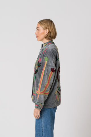 Embroidered Velvet Jacket -Grey Snake