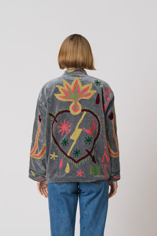 Embroidered Velvet Jacket -Grey Snake