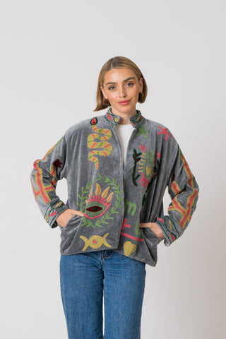 Embroidered Velvet Jacket -Grey Snake