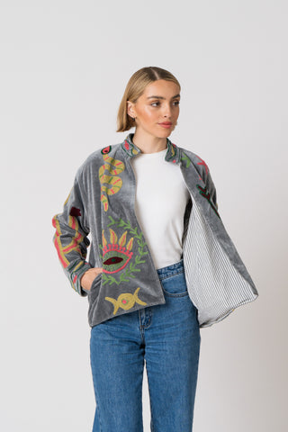 Embroidered Velvet Jacket -Grey Snake