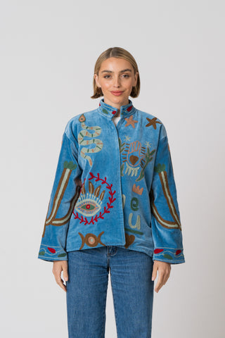 Embroidered Velvet Jacket - Blue Snake