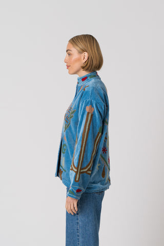 Embroidered Velvet Jacket - Blue Snake