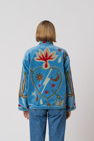 Embroidered Velvet Jacket - Blue Snake