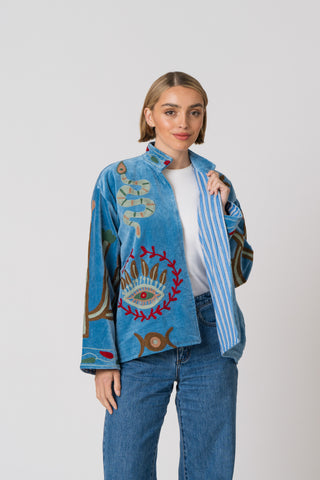 Embroidered Velvet Jacket - Blue Snake