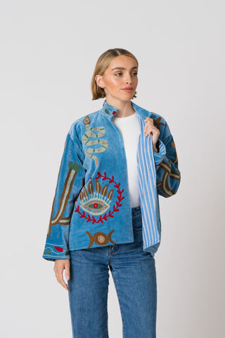 Embroidered Velvet Jacket - Blue Snake