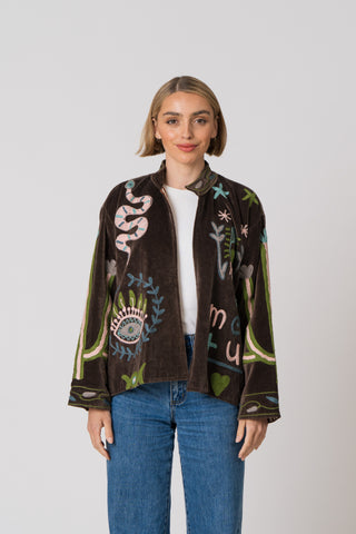 Embroidered Velvet Jacket - Brown Snake