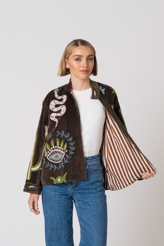 Embroidered Velvet Jacket - Brown Snake