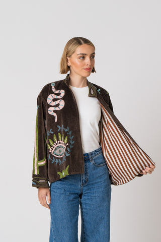 Embroidered Velvet Jacket - Brown Snake