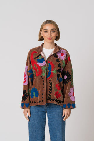 Embroidered Velvet Collared Jacket - Brown Multi Pattern