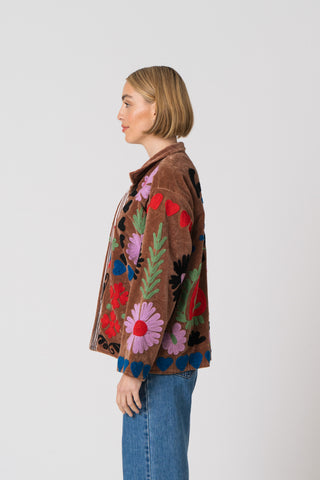 Embroidered Velvet Collared Jacket - Brown Multi Pattern