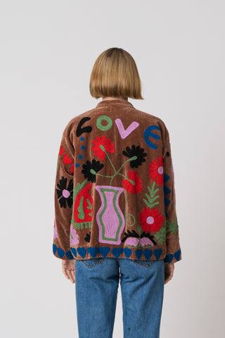 Embroidered Velvet Collared Jacket - Brown Multi Pattern