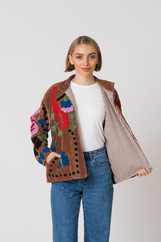 Embroidered Velvet Collared Jacket - Brown Multi Pattern