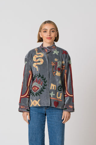 Embroidered Velvet Jacket - Grey Snake