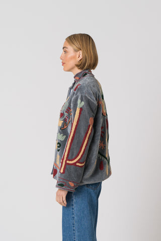 Embroidered Velvet Jacket - Grey Snake