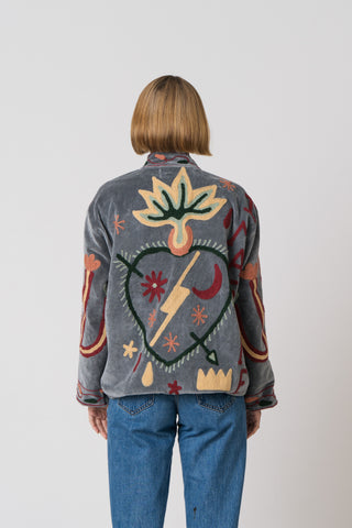Embroidered Velvet Jacket - Grey Snake