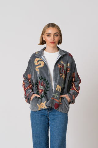 Embroidered Velvet Jacket - Grey Snake
