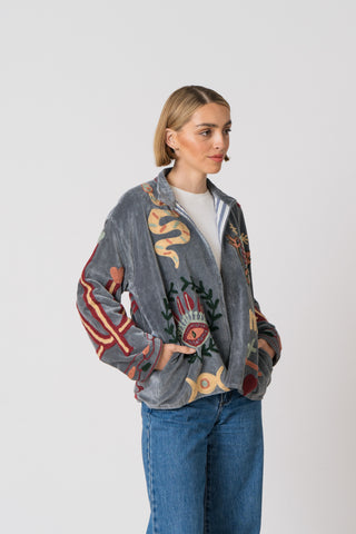 Embroidered Velvet Jacket - Grey Snake