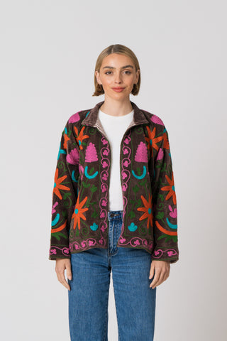 Embroidered Velvet Jacket - Brown Multi Pattern