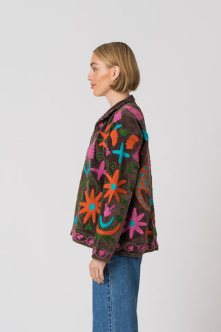 Embroidered Velvet Jacket - Brown Multi Pattern
