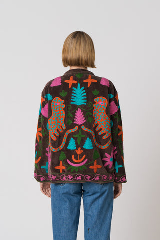 Embroidered Velvet Jacket - Brown Multi Pattern