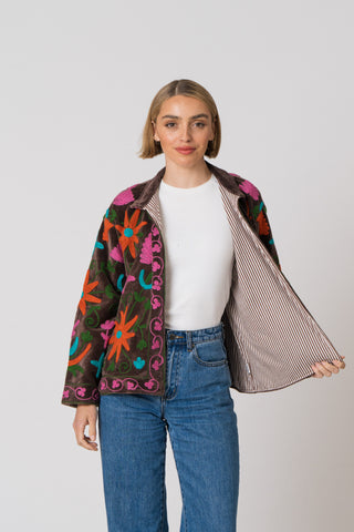 Embroidered Velvet Jacket - Brown Multi Pattern