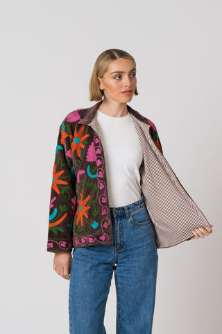 Embroidered Velvet Jacket - Brown Multi Pattern