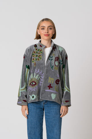 Embroidered Velvet Jacket - Grey Snake