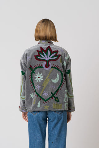 Embroidered Velvet Jacket - Grey Snake