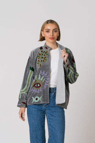Embroidered Velvet Jacket - Grey Snake