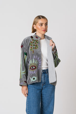 Embroidered Velvet Jacket - Grey Snake