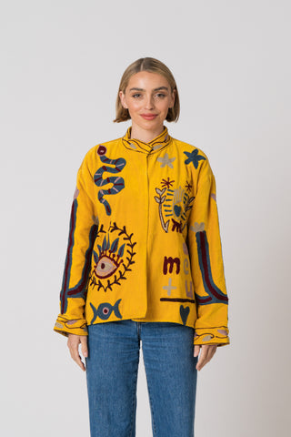 Embroidered Velvet Jacket - Yellow Snake
