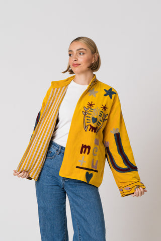 Embroidered Velvet Jacket - Yellow Snake
