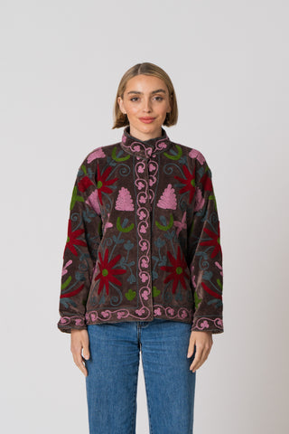 Embroidered Velvet Jacket - Brown Multi Pattern