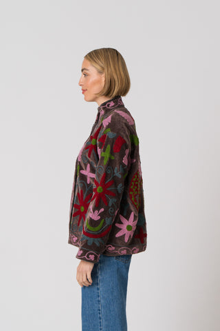Embroidered Velvet Jacket - Brown Multi Pattern