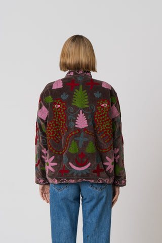 Embroidered Velvet Jacket - Brown Multi Pattern