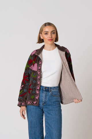 Embroidered Velvet Jacket - Brown Multi Pattern