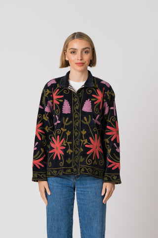 Embroidered Velvet Jacket - Black Multi Pattern