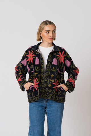 Embroidered Velvet Jacket - Black Multi Pattern