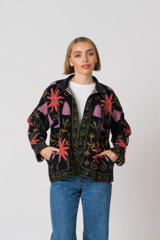 Embroidered Velvet Jacket - Black Multi Pattern
