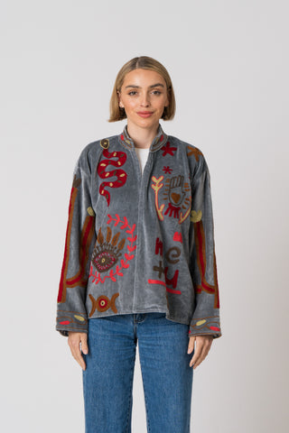 Embroidered Velvet Jacket - Grey Snake