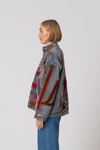 Embroidered Velvet Jacket - Grey Snake